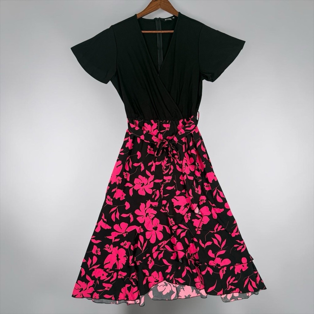 BTFBM Black Hot Pink Floral Midi Dress Size L Cocktail Wedding Guest